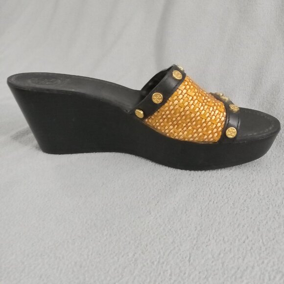 TORY BURCH Straw/Leather JOANIE Studded PLATFORM WEDGE SANDALS US 8.5 Logo s7155 - Picture 6 of 16